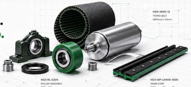 Industrial replacement belts, rollers, bearings and wear components